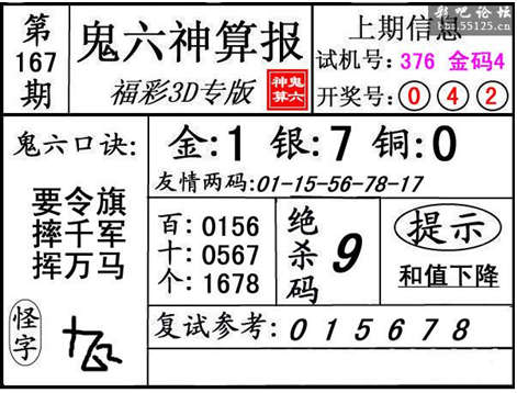 第167期3d鬼六神算报复式