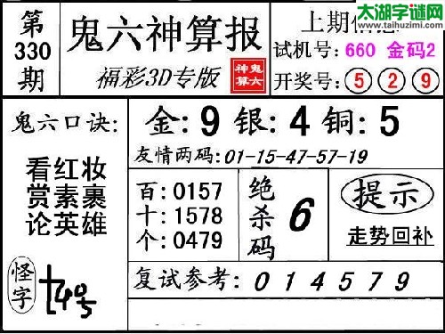 3d330期：【鬼六神算】胆码杀码图