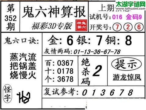 3d352期：【鬼六神算】胆码杀码图