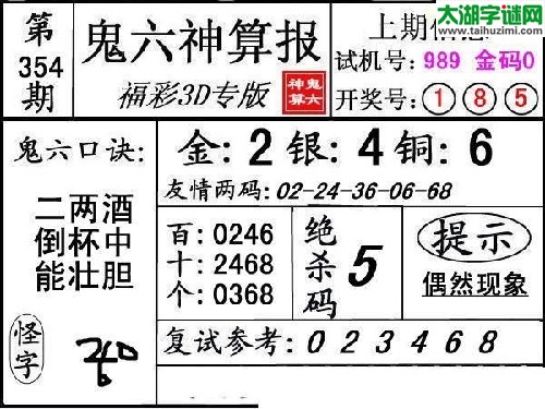 3d354期：【鬼六神算】胆码杀码图