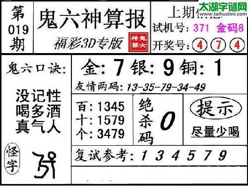 3d019期：【鬼六神算】胆码杀码图