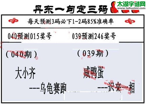 3d040期：丹东一句定三码【大小齐--乌龟赛跑】