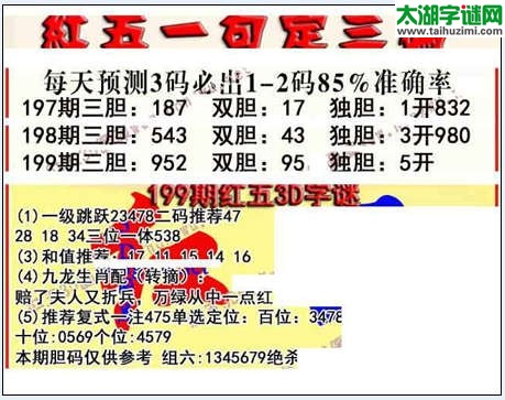 3d199期：红五图库（杀号定胆）