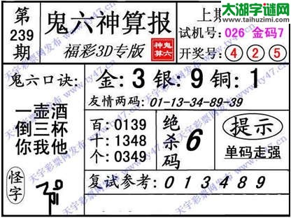 3d239期：【鬼六神算】胆码杀码