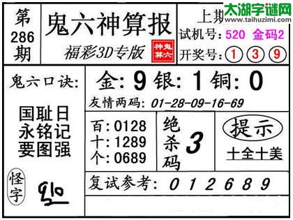 3d286期：【鬼六神算】胆码杀码