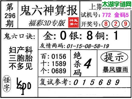 3d296期：【鬼六神算】胆码杀号