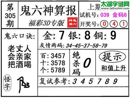 3d305期：【鬼六神算】胆码杀号