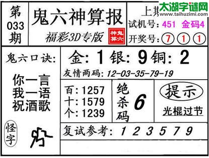 3d033期：【鬼六神算】金胆快报系列图