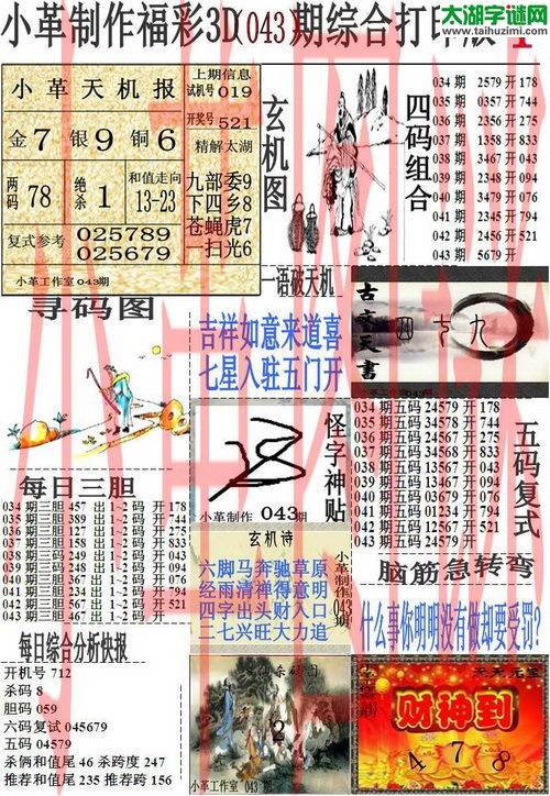 3d043期：小革综合打印版3D图谜+精准3胆