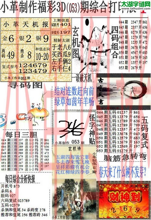 3d053期：小革综合打印版3D图谜+精准3胆