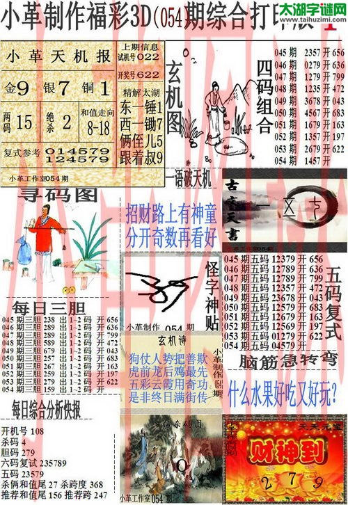 3d054期：小革综合打印版3D图谜+精准3胆