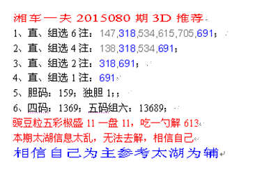 湘车一夫2015080期3D解太湖字谜