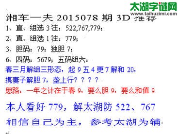 湘车一夫2015085期3D解太湖字谜