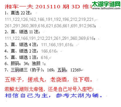 湘车一夫2015110期3D解太湖字谜