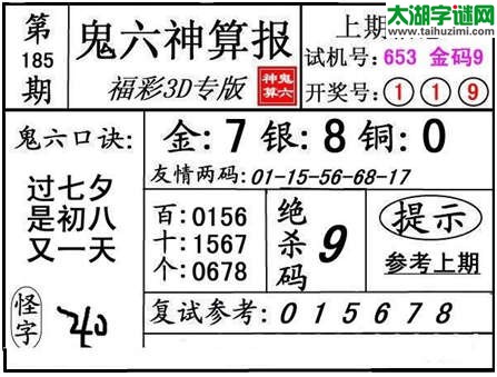 3d185期：【鬼六神算】胆码图+绝杀一码