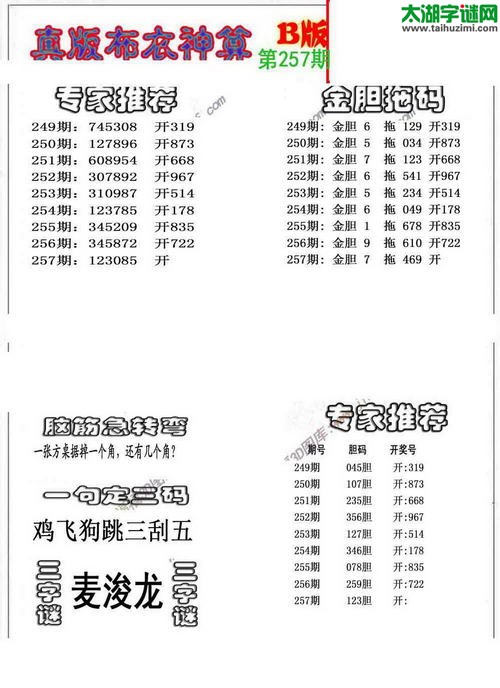 3d布衣神算AB版图谜2015257期