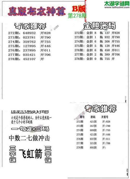 3d布衣神算AB版图谜2015278期