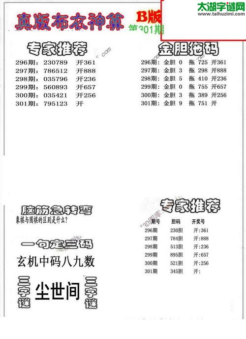 3d布衣神算AB版图谜2015301期