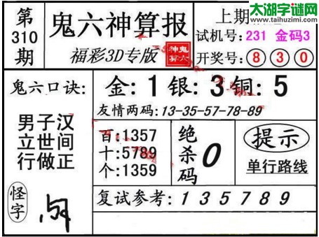 3d310期：鬼六图库3d图谜总汇