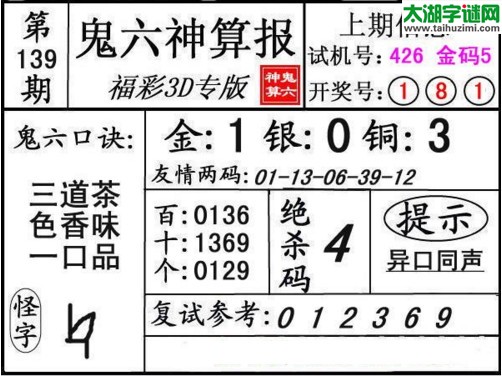 3d139期：鬼六神算图库福彩3d胆码图