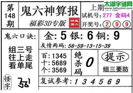 3d148期：鬼六神算图库福彩3d胆码图