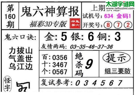 3d160期：鬼六神算图库福彩3d胆码图