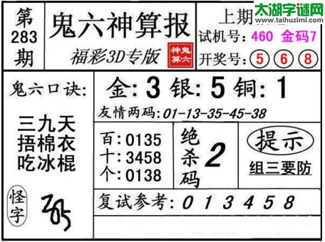 3d283期：鬼六神算图库福彩3d胆码图